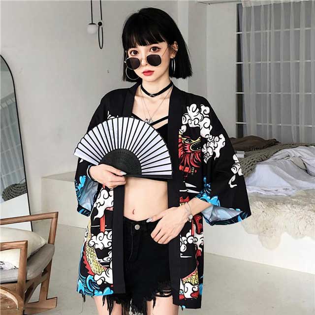 Chic Haori Style Jacket - kimono cardigan - Stylish Haori Kimono Jacket with Dragon Print - View 6