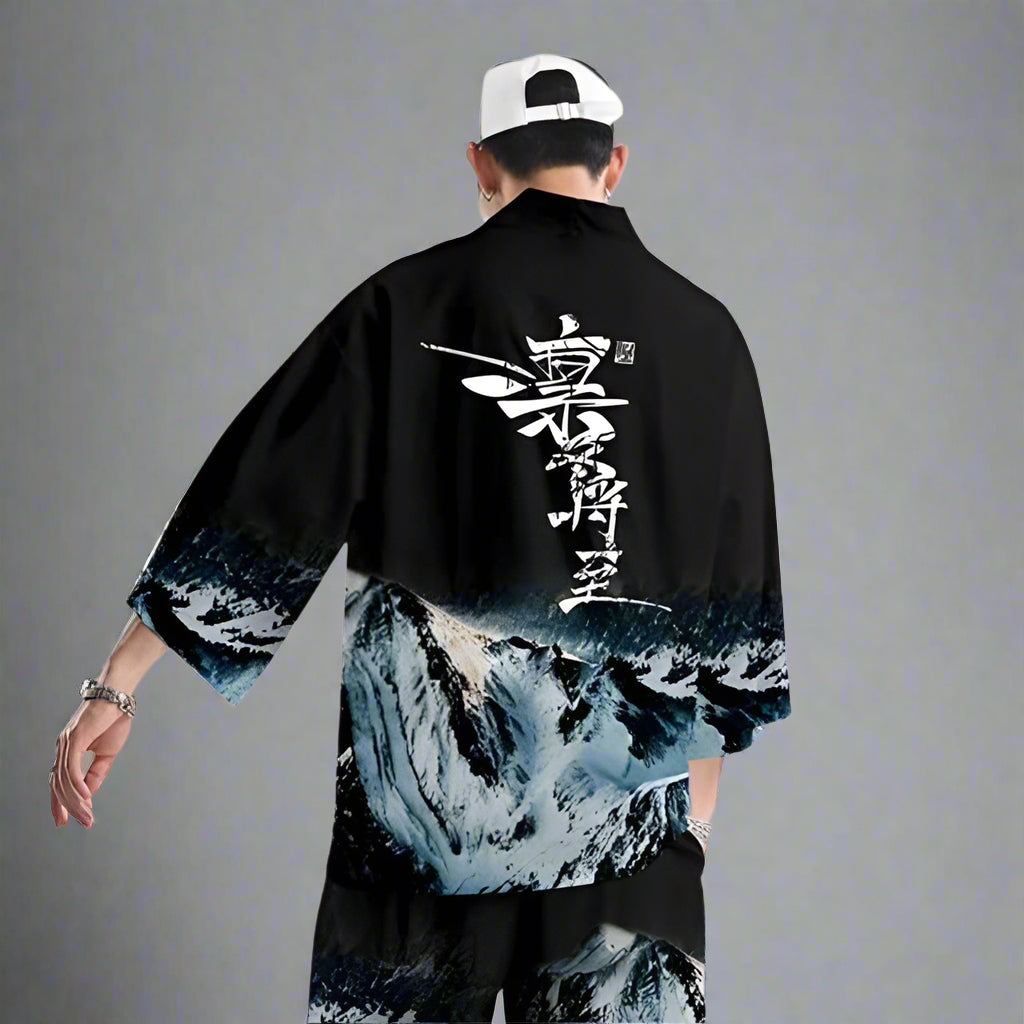 Elegant Japanese Kimono Ensemble - traditional wear - Japanese Kimono Set with Mountain Landscape Design - View 8