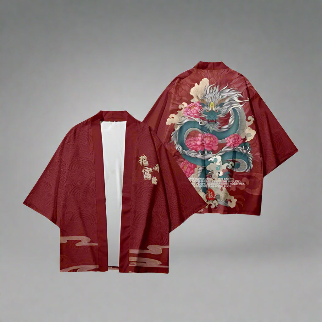 Elegant Japanese Wrap Coat - dragon peony coat - Elegant Japanese Haori Coat with Dragon Print - View 3