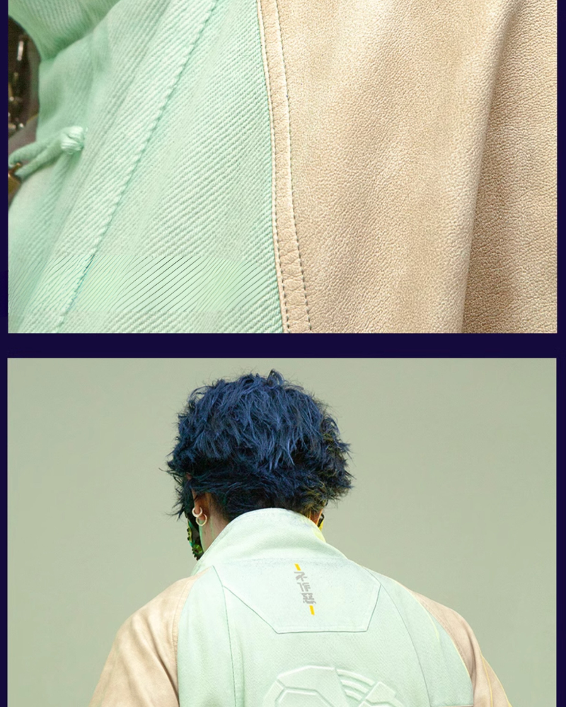 Futuristic 3D Patchwork Jacket - concealed hood jacket - Cyan Techwear Jacket with Concealed Hood - View 15