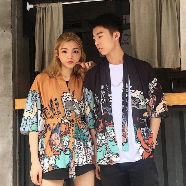Vibrant Orange Patterned Haori - harajuku fashion - Vibrant Orange Patterned Haori Jacket for Artistic Style - View 4