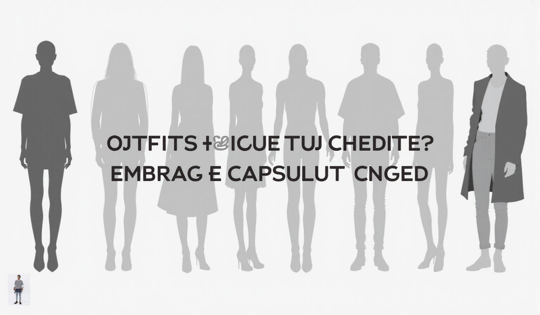 Stylish capsule wardrobe displayed against a minimalist backdrop with the title, featuring abstract silhouettes in high-quality streetwear