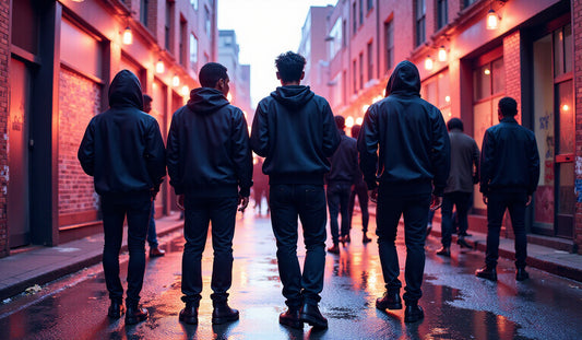 Urban silhouettes showcase oversized streetwear in a vibrant city scene, embodying a rebellious yet sophisticated vibe