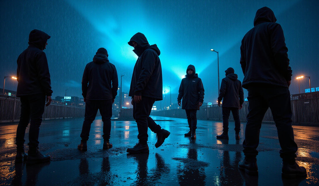 Stylish urban scene with abstract silhouettes in techwear under a rainy sky, featuring waterproof jackets and water-resistant accessories, title displayed