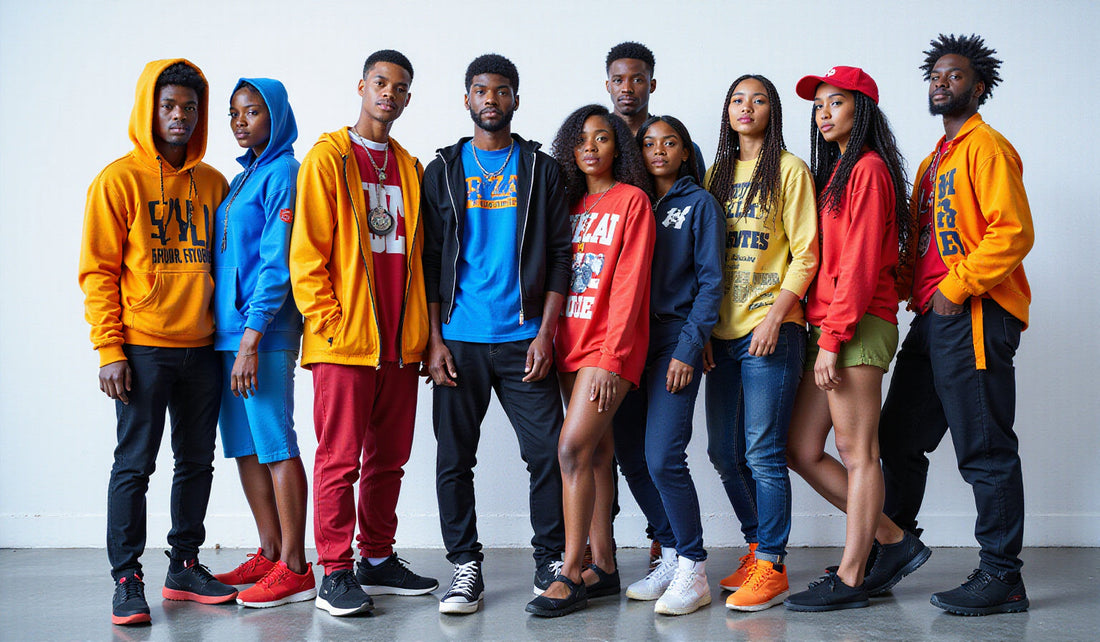 Dynamic urban scene featuring abstract silhouettes in bold graphic tees and oversized jackets, highlighting street style and individual vibe