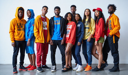 Dynamic urban scene featuring abstract silhouettes in bold graphic tees and oversized jackets, highlighting street style and individual vibe