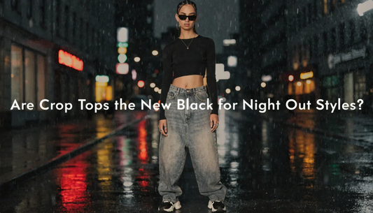 Chic cropped black top in a stylish streetwear outfit against a minimalist urban night backdrop with soft neon lighting and blog title overlay