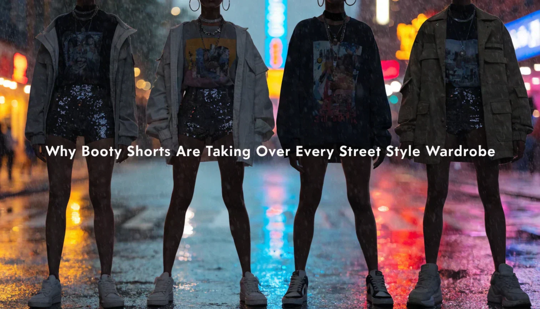 In a vibrant urban scene, abstract silhouettes don high-waisted booty shorts paired with oversized tees and tactical jackets, embodying summer street style