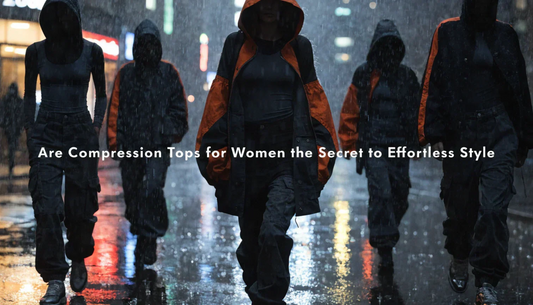 High-fashion streetwear scene showcasing abstract silhouettes of women in fitted compression tops and utility outerwear