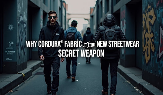 Urban alleyway adorned with vibrant graffiti, showcasing models in stylish techwear and streetwear crafted from CORDURA fabric