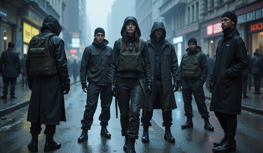 Models in layered techwear outfits, including tactical vests and combat boots, navigate rain-soaked neon streets, embodying resilience and rebellion in a dystopian urban setting