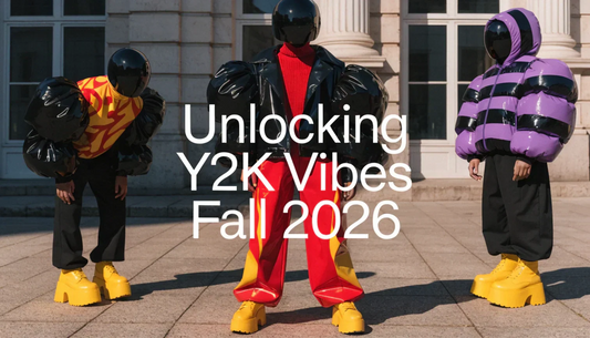 Bold silhouettes of models displaying modern Y2K streetwear in vibrant colors and glossy textures on a minimalist backdrop