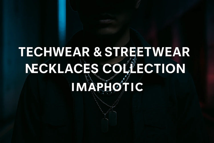 Faceless model wearing techwear and streetwear necklaces with dog tags in a neon-lit urban alley – Imaphotic collection banner.