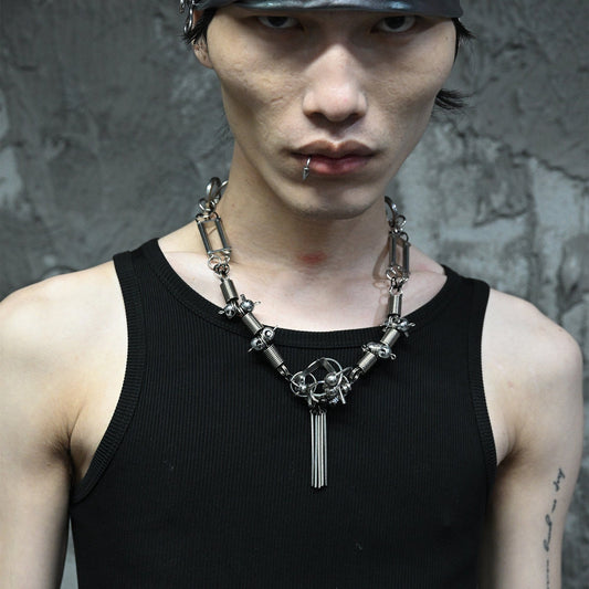 Adjustable Tassel Rivet Statement Necklace