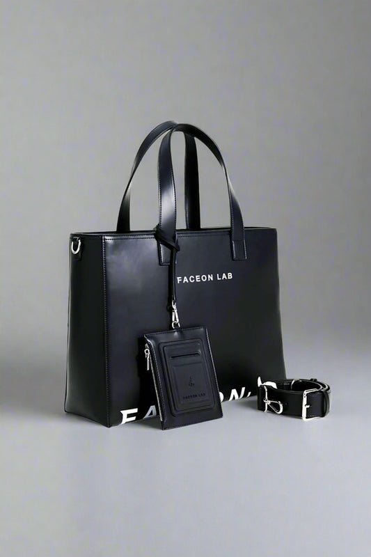 Black handbag with matching pouch and dog collar on a white background, featuring the 'FACEON LAB' brand.