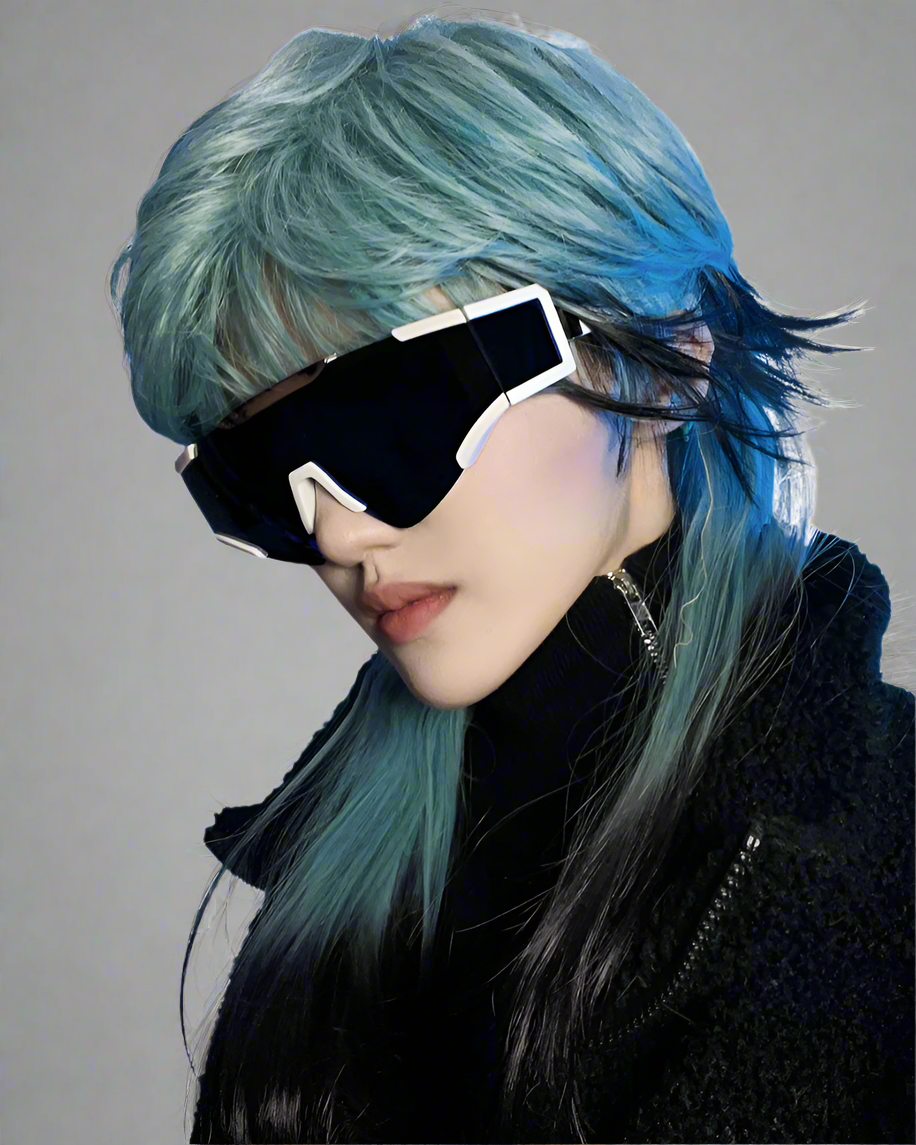 A person wearing futuristic cyberpunk-style sunglasses with a blue-tinted lens and a black frame.