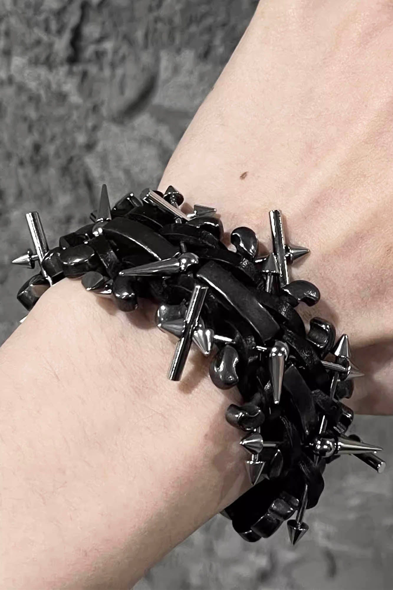 Bold Braided Spiked Leather Cuff