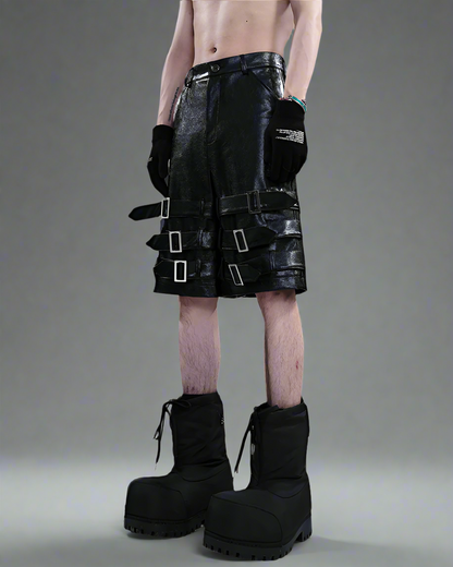 Bold Buckled Leather Tech Shorts -  adjustable buckle shorts - Bold Buckled Leather Tech Shorts for Urban Style - View 3