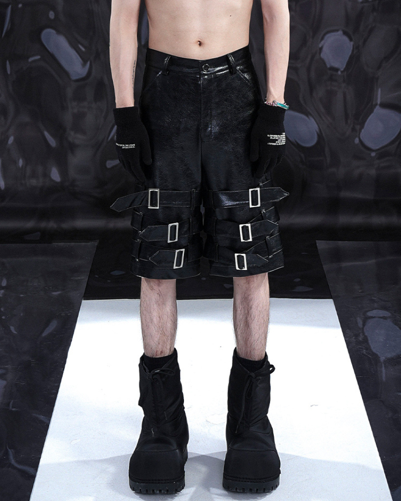 Bold Buckled Leather Tech Shorts -  pu leather - Bold Buckled Leather Tech Shorts for Urban Style - View 5