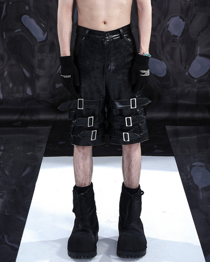 Bold Buckled Leather Tech Shorts -  pu leather - Bold Buckled Leather Tech Shorts for Urban Style - View 5