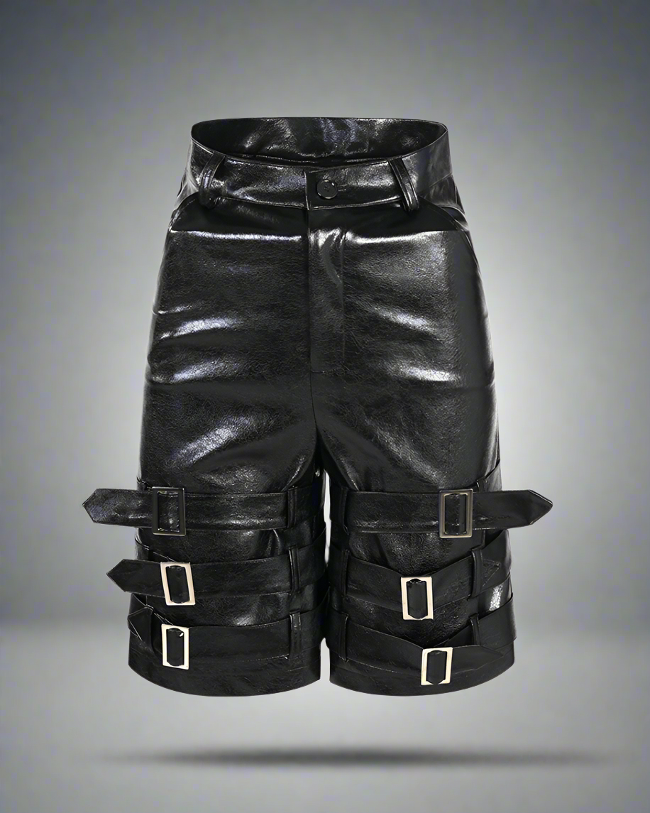 Bold Buckled Leather Tech Shorts - tech shorts - Bold Buckled Leather Tech Shorts for Urban Style - Main view