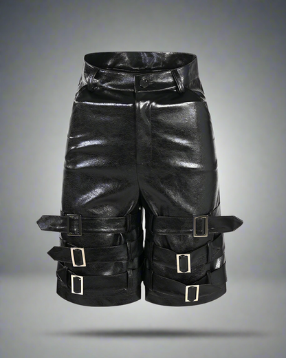Bold Buckled Leather Tech Shorts - tech shorts - Bold Buckled Leather Tech Shorts for Urban Style - Main view