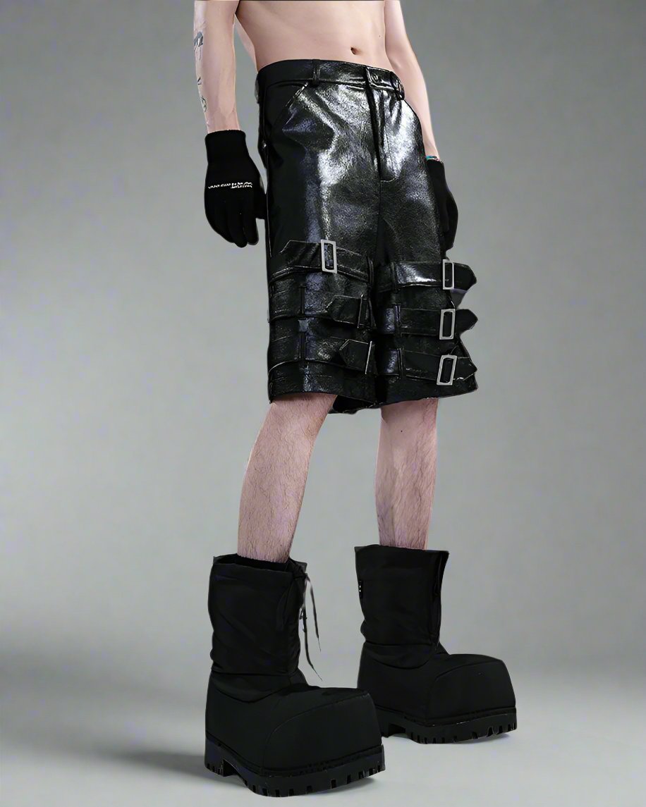 Bold Buckled Leather Tech Shorts - urban techwear shorts - Bold Buckled Leather Tech Shorts for Urban Style - View 2