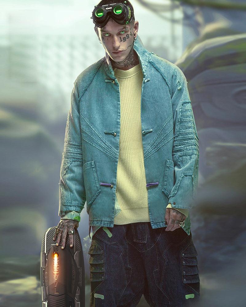 Bold Irregular Denim Cyberpunk Jacket -  casual wear - Futuristic Samurai-Inspired Cyberpunk Denim Jacket - View 3