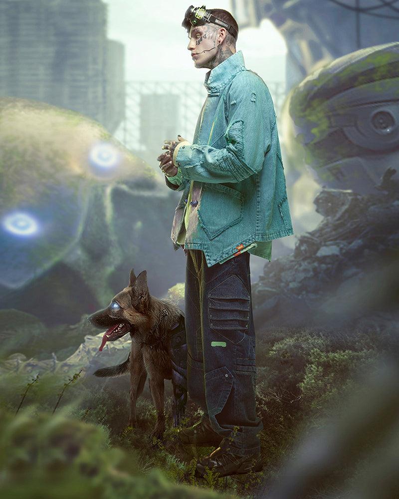 Bold Irregular Denim Cyberpunk Jacket -  comfortable cotton jacket - Futuristic Samurai-Inspired Cyberpunk Denim Jacket - View 4