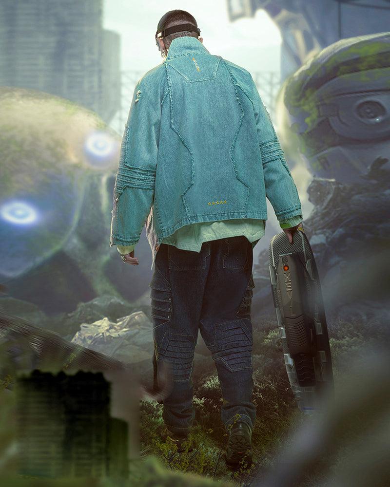 Bold Irregular Denim Cyberpunk Jacket -  cyberpunk - Futuristic Samurai-Inspired Cyberpunk Denim Jacket - View 5