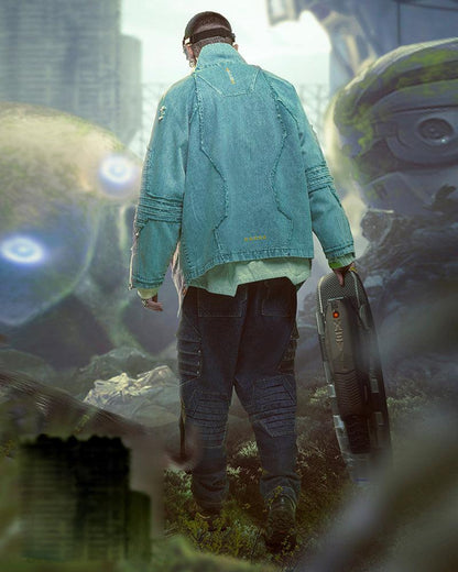 Bold Irregular Denim Cyberpunk Jacket -  cyberpunk - Futuristic Samurai-Inspired Cyberpunk Denim Jacket - View 5