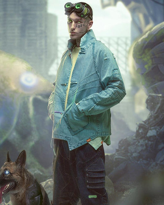 Bold Irregular Denim Cyberpunk Jacket - denim jacket - Futuristic Samurai-Inspired Cyberpunk Denim Jacket - Main view