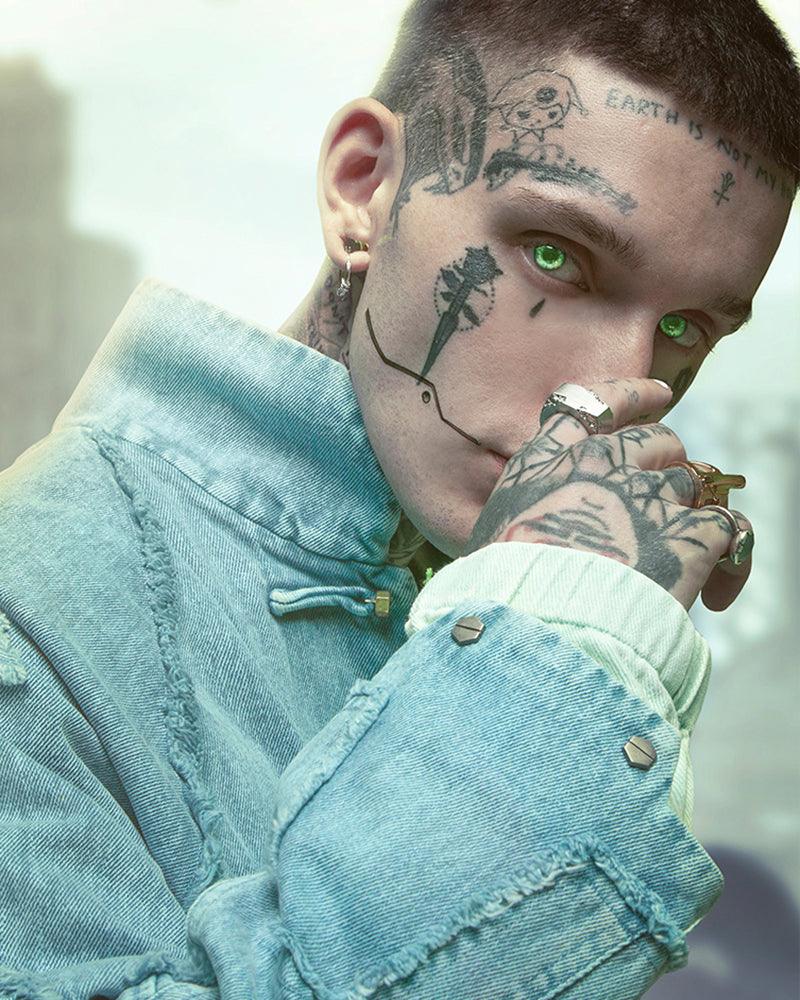 Bold Irregular Denim Cyberpunk Jacket - denim jacket - Futuristic Samurai-Inspired Cyberpunk Denim Jacket - View 9