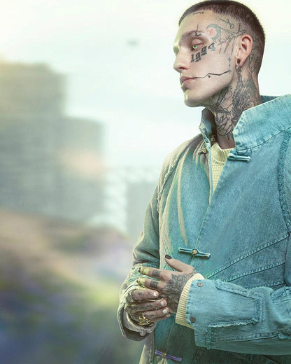 Bold Irregular Denim Cyberpunk Jacket -  durable techwear jacket - Futuristic Samurai-Inspired Cyberpunk Denim Jacket - View 6