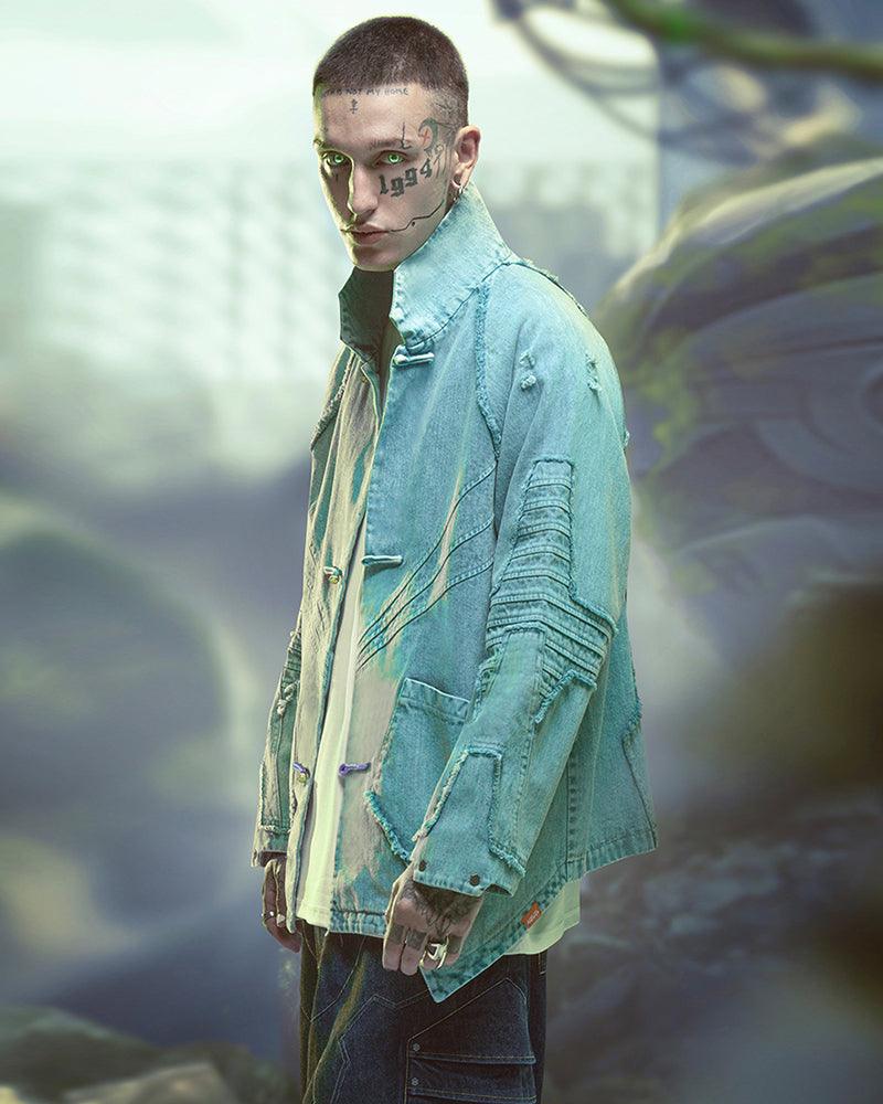 Bold Irregular Denim Cyberpunk Jacket - futuristic samurai-inspired jacket - Futuristic Samurai-Inspired Cyberpunk Denim Jacket - View 2