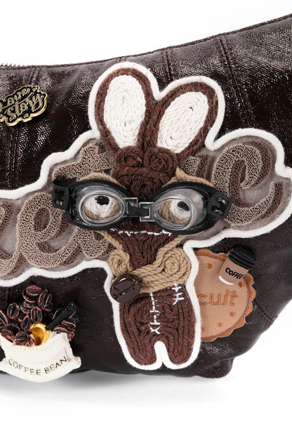 Charming Bunny Café Croissant Bag -  unique café bag - Café-Themed Crescent Bag with Bunny Patch - View 14