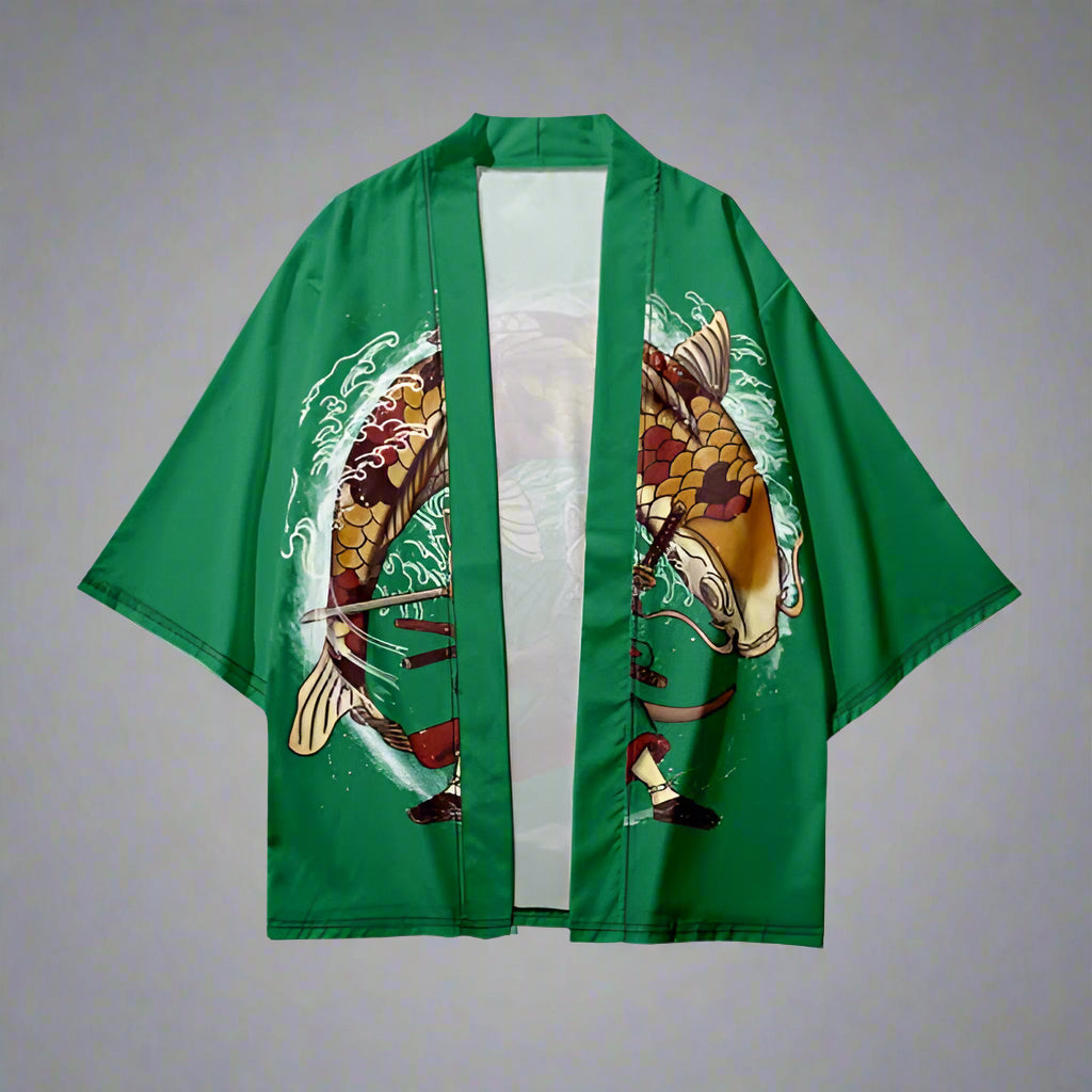 Charming Cat-Inspired Kimono - cat kimono - Cat-Inspired Green Haori Kimono for Relaxed Style - Main view