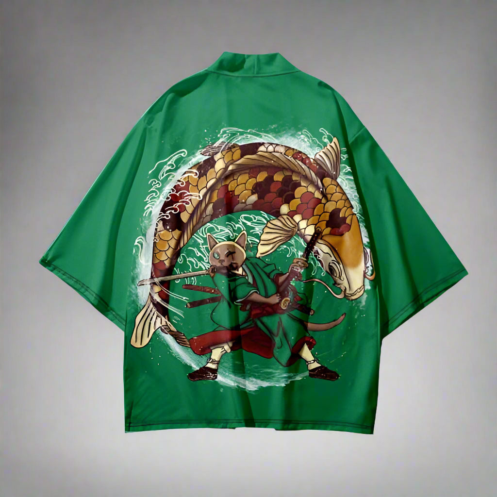 Charming Cat-Inspired Kimono - charming kimono - Cat-Inspired Green Haori Kimono for Relaxed Style - View 2