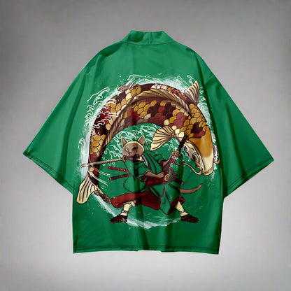 Charming Cat-Inspired Kimono - charming kimono - Cat-Inspired Green Haori Kimono for Relaxed Style - View 2