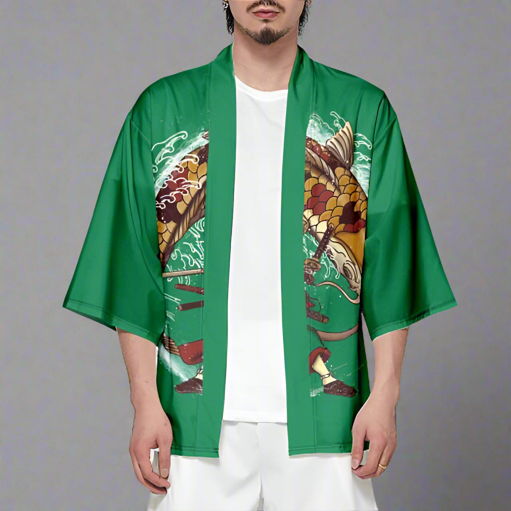 Charming Cat-Inspired Kimono -  cultural event wear - Cat-Inspired Green Haori Kimono for Relaxed Style - View 3
