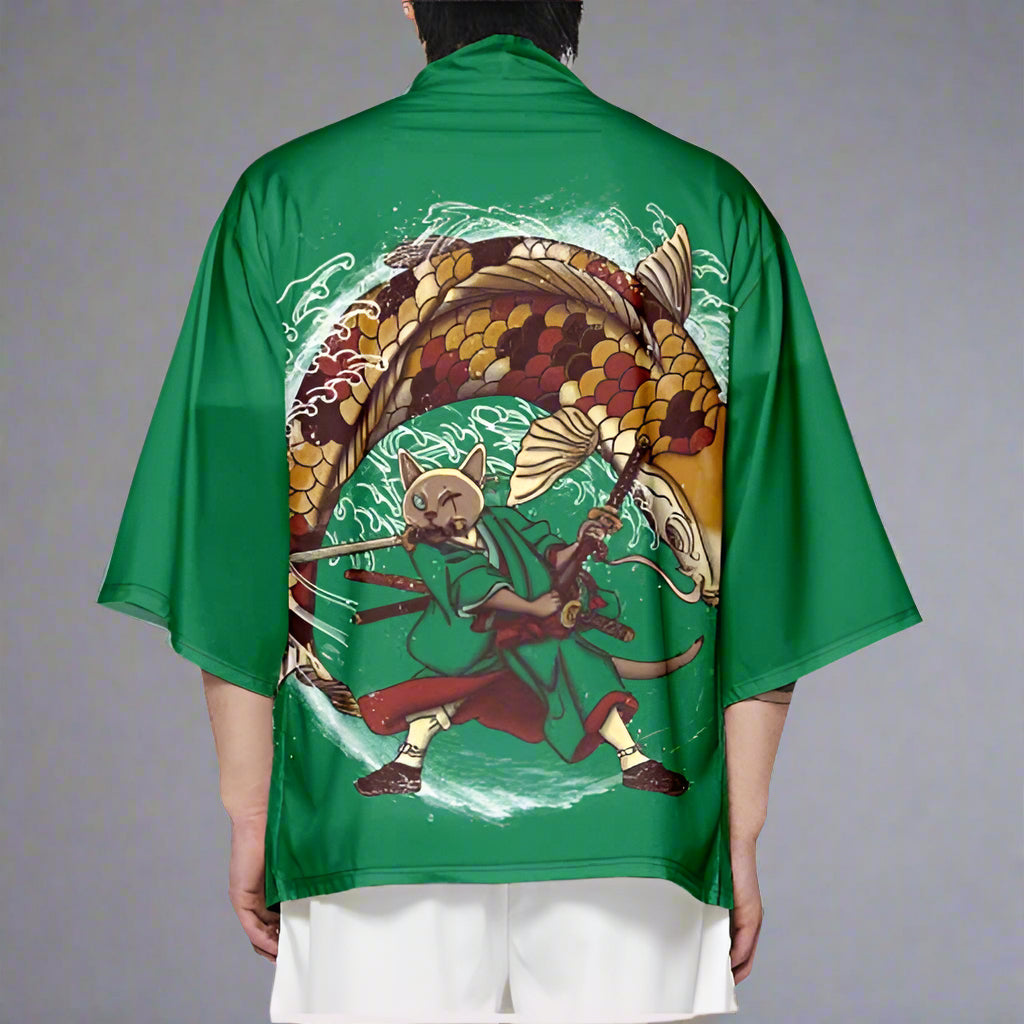 Charming Cat-Inspired Kimono -  everyday kimono - Cat-Inspired Green Haori Kimono for Relaxed Style - View 4