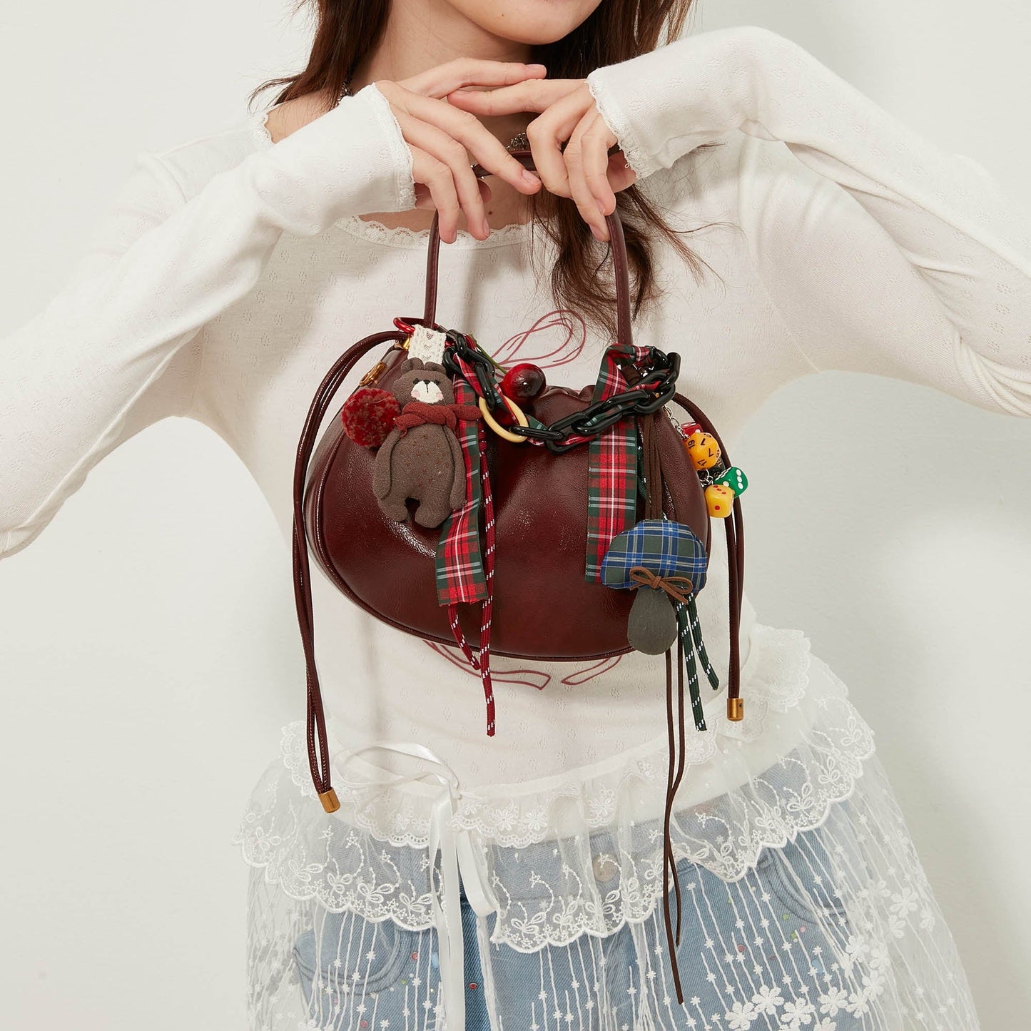 Cherry Jam Ruched Handle Bag - adjustable strap handbag - Cherry Jam Ruched Handle Bag for Stylish Everyday Use - Main view