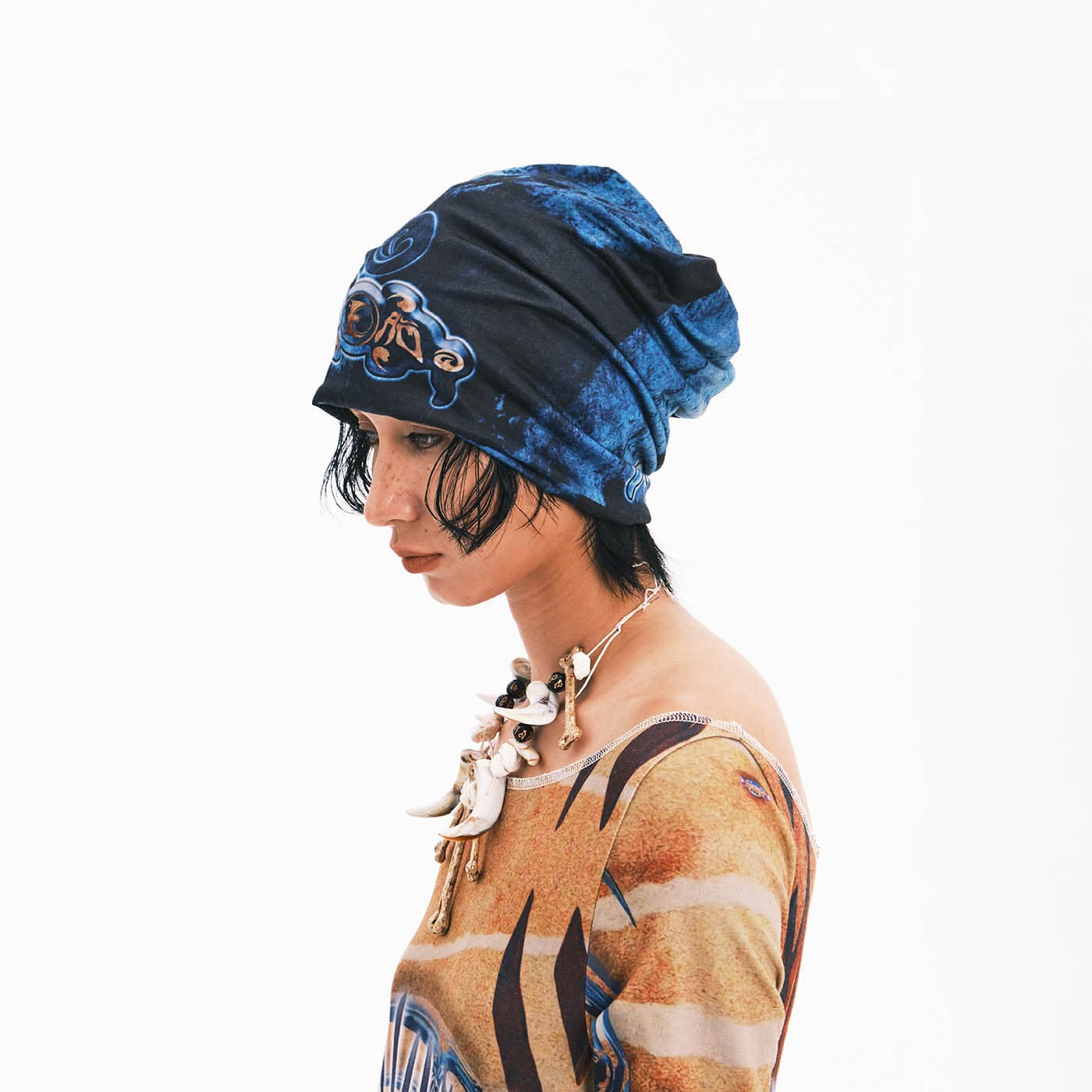 Chic Abstract Black Beanie - winter techwear - Unique Black Abstract Beanie with Tribal Design - View 3