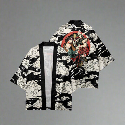 Chic Anime-Inspired Kimono -  haori cardigan - Stylish Anime-Inspired Kimono with Oni Mask Design - View 3