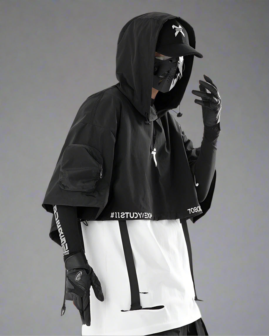 Chic Black Hooded Cape -  urban exploration cape - Stylish Black Hooded Cape for Outdoor Adventures - View 6