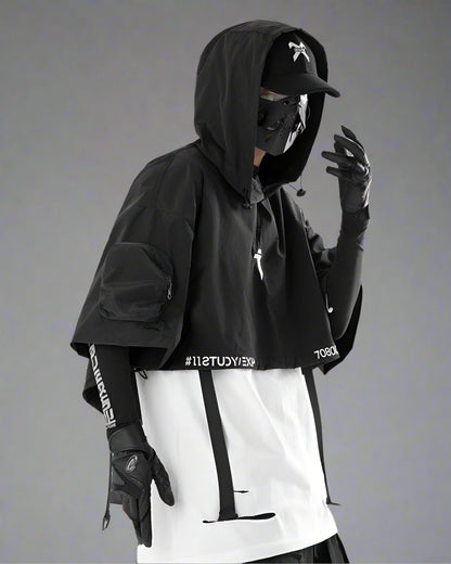 Chic Black Hooded Cape -  urban exploration cape - Stylish Black Hooded Cape for Outdoor Adventures - View 6
