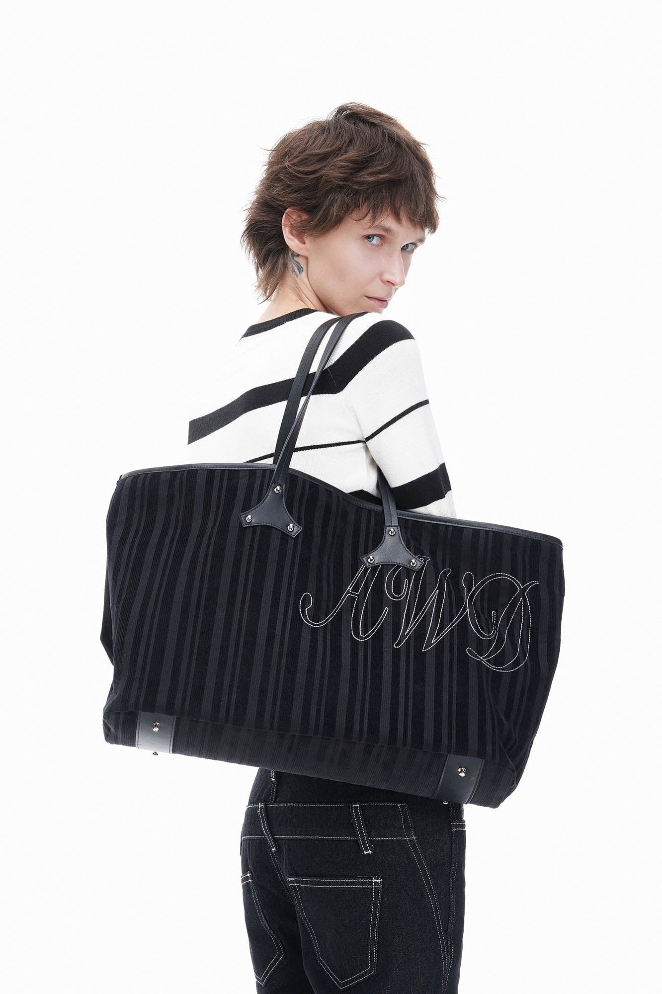 Chic Corduroy & Leather Tote -  leather bag - Chic Corduroy and Leather Tote Bag for Everyday Use - View 5