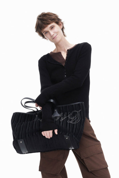 Chic Corduroy & Leather Tote -  patchwork design tote - Chic Corduroy and Leather Tote Bag for Everyday Use - View 6