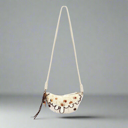 Chic Cream Croissant Shoulder Bag - cream bag - Stylish Cream Croissant Shoulder Bag with Appliqués - Main view