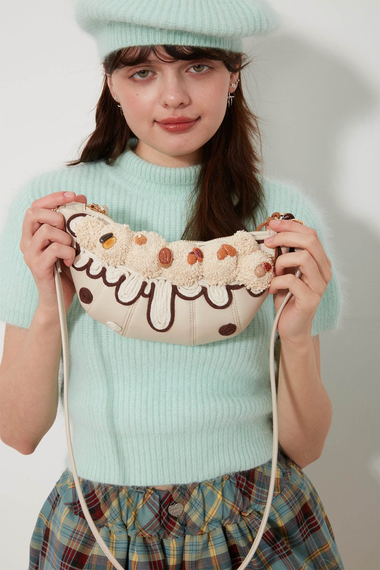Chic Cream Croissant Shoulder Bag -  elegant cream bag - Stylish Cream Croissant Shoulder Bag with Appliqués - View 6